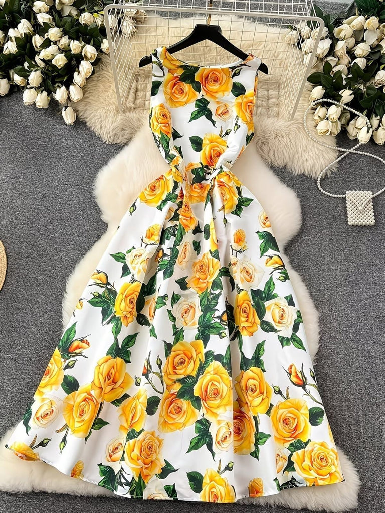 Robe Watercolor Floral Sans Manches Midi Années 1940 10