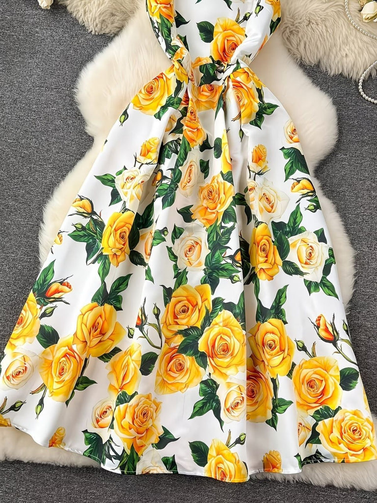 Robe Watercolor Floral Sans Manches Midi Années 1940 11