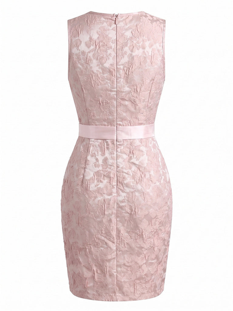 Robe Rose Jacquard Imprimé Nœud Sans Manches Crayon Années 1960 3