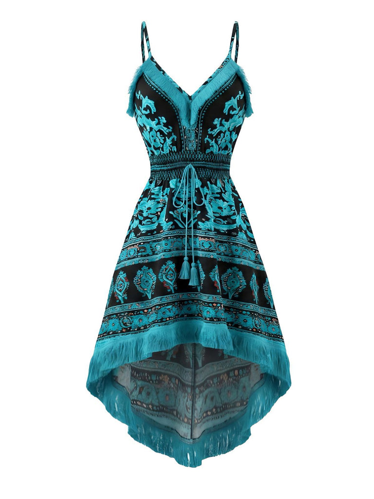 Robe caraco bohème asymétrique finitions franges années 70