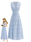 2PCS Ensemble bleu haut brodé décolleté plongeant et jupe longue années 50