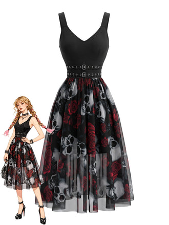 Robe Gothique Halloween en Tulle avec Roses et Crâne Noir Années 1970