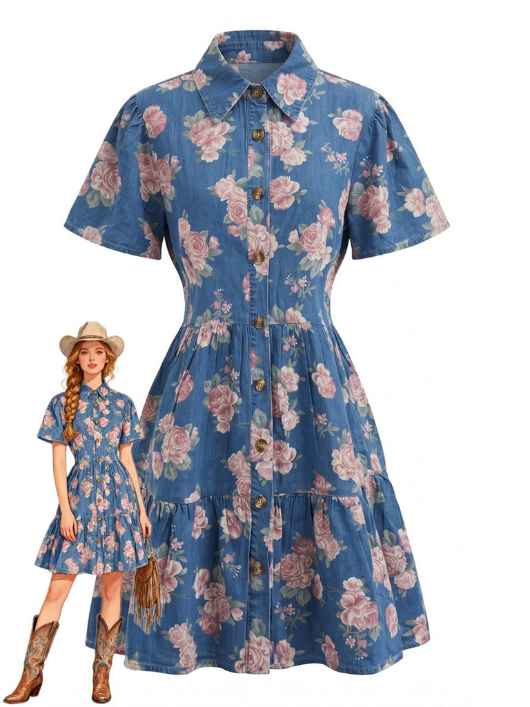 Robe Bleu Imprimé Floral Revers Boutonné Shirt Années 1970