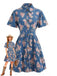 Robe Bleu Imprimé Floral Revers Boutonné Shirt Années 1970