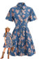 Robe Bleu Imprimé Floral Revers Boutonné Années 1970