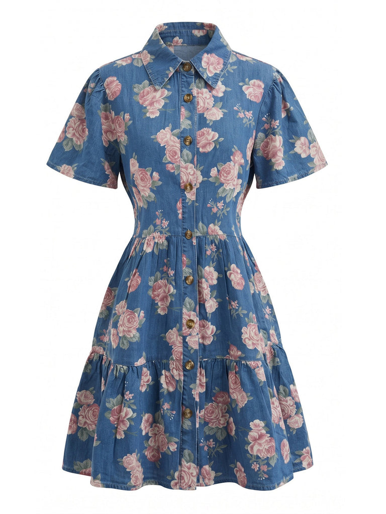 Robe Bleu Imprimé Floral Revers Boutonné Shirt Années 1970