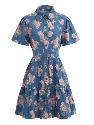 Robe Bleu Imprimé Floral Revers Boutonné Shirt Années 1970