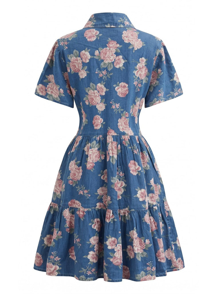Robe Bleu Imprimé Floral Revers Boutonné Shirt Années 1970