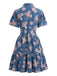 Robe Bleu Imprimé Floral Revers Boutonné Shirt Années 1970