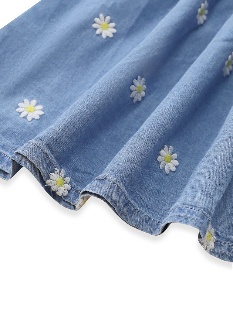 Robe Bleue Col V Marguerites Brodées Manches Bouffantes Années 1970 6