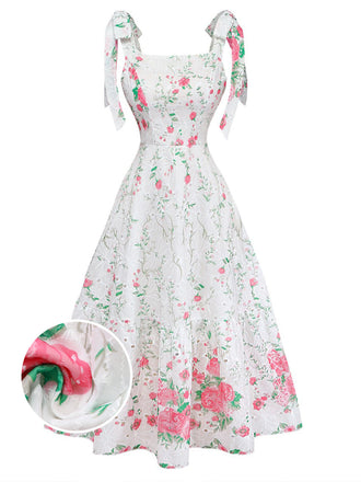 Robe à Bretelles Nouées avec Broderie Florale Blanc Années 1950