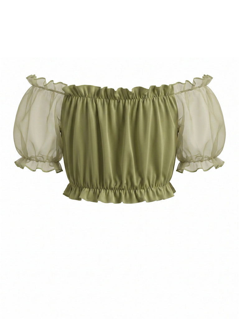 Top Court à Manches Bouffantes Transparentes avec Volants Chartreuse Années 1950