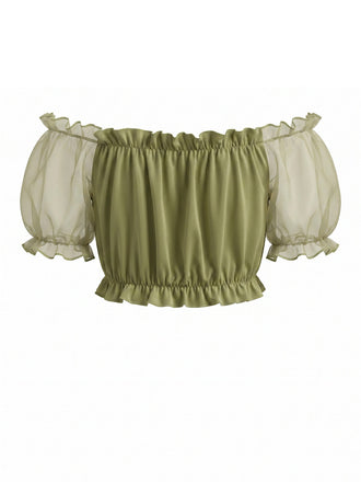 Top Court à Manches Bouffantes Transparentes avec Volants Chartreuse Années 1950