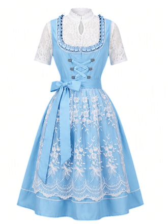 Robe à Col Carré et Tablier Brodé et Top à Trou de Serrure en Dentelle Bleu Années 1950