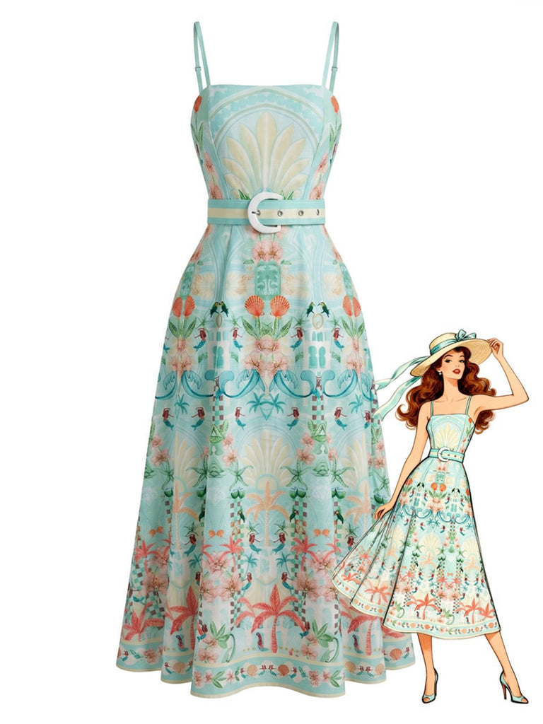 Robe smockée et ceinturée vert givré motif plantes tropicales années 70