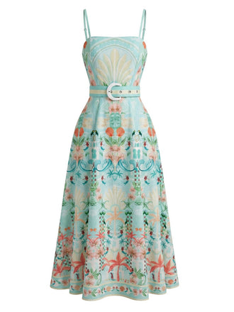 Robe smockée et ceinturée vert givré motif plantes tropicales années 70