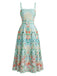 Robe smockée et ceinturée vert givré motif plantes tropicales années 70