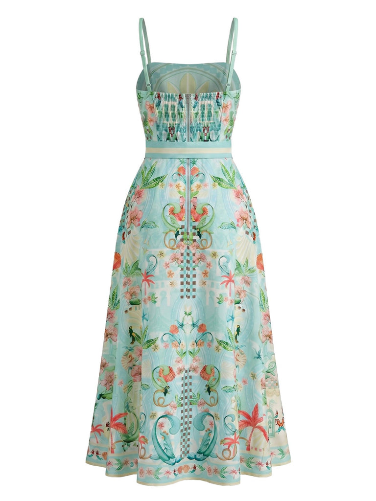 Robe smockée et ceinturée vert givré motif plantes tropicales années 70