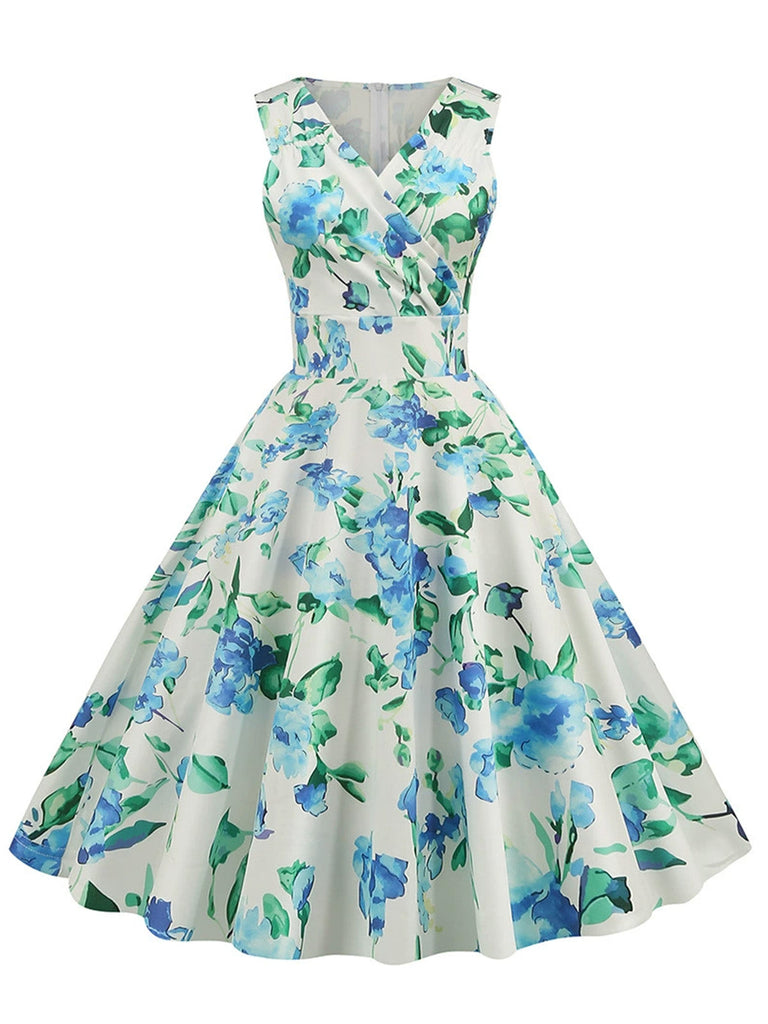 Robe Sans Manches Floral Surplis Évasé Années 1950 2