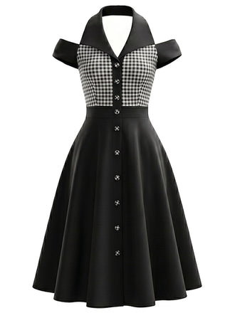 [Prévente] Robe Noir et Blanc Vichy à Carreaux Halter Cold Shoulder Années 1950