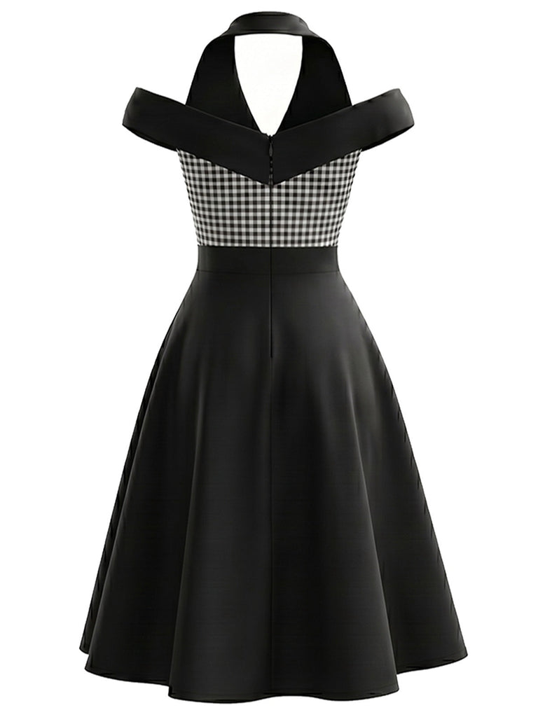 [Prévente] Robe Noir et Blanc Vichy à Carreaux Halter Cold Shoulder Années 1950