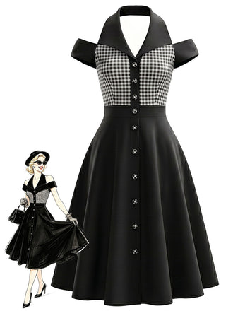 [Prévente] Robe Noir et Blanc Vichy à Carreaux Halter Cold Shoulder Années 1950