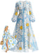 [Prévente] Robe Bleu Col V Big Daisy Imprimé Fendu Maxi Années 1970