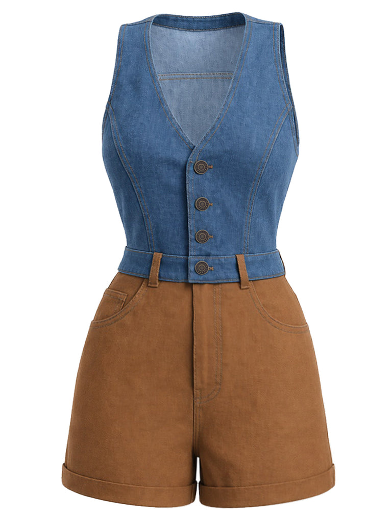 [Prévente] Combishort Bicolore Faux Denim Col V Boutonné Années 1970 3