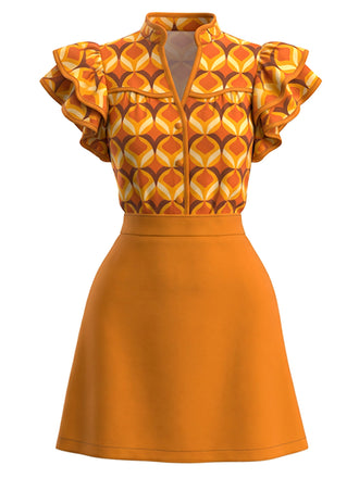 [Pre-Sale] Orange Color 1960s Floral Patchwork Classic Dress