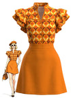 Robe orange motif géométrique col montant volants années 60