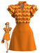 Robe orange motif géométrique col montant volants années 60