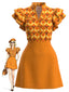 [Prévente] Robe orange motif géométrique col montant volants années 60