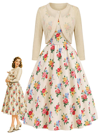 [Prévente] 2PCS Crème Boléro Cardigan et Floral Robe Années 1940