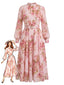 Robe longue rose  mousseline motifs floraux manches longues et ceinture années 1940