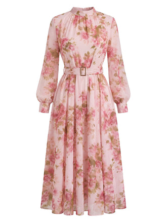 Robe Rose Mousseline Floral Manches Longues Ceinturé Années 1940 2