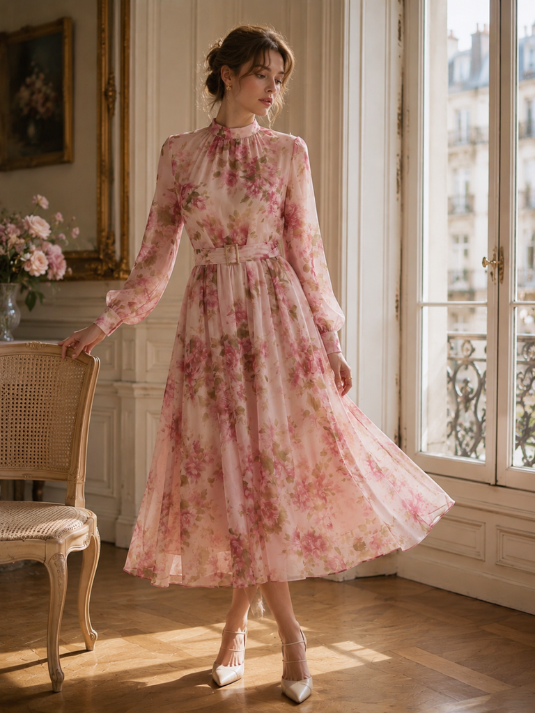 Robe longue rose  mousseline motifs floraux manches longues et ceinture années 1940