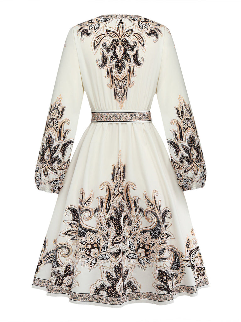 Robe Boho à Imprimé Paisley Col V et Manches Lanternes Années 1970