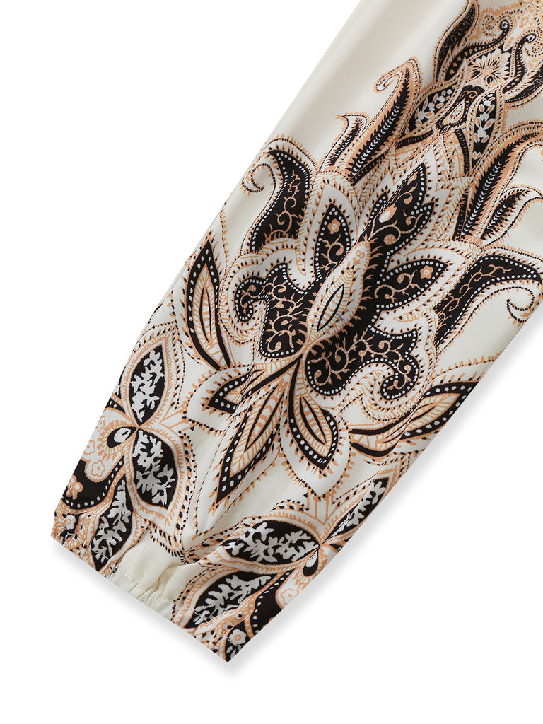 Robe Boho à Imprimé Paisley Col V et Manches Lanternes Années 1970