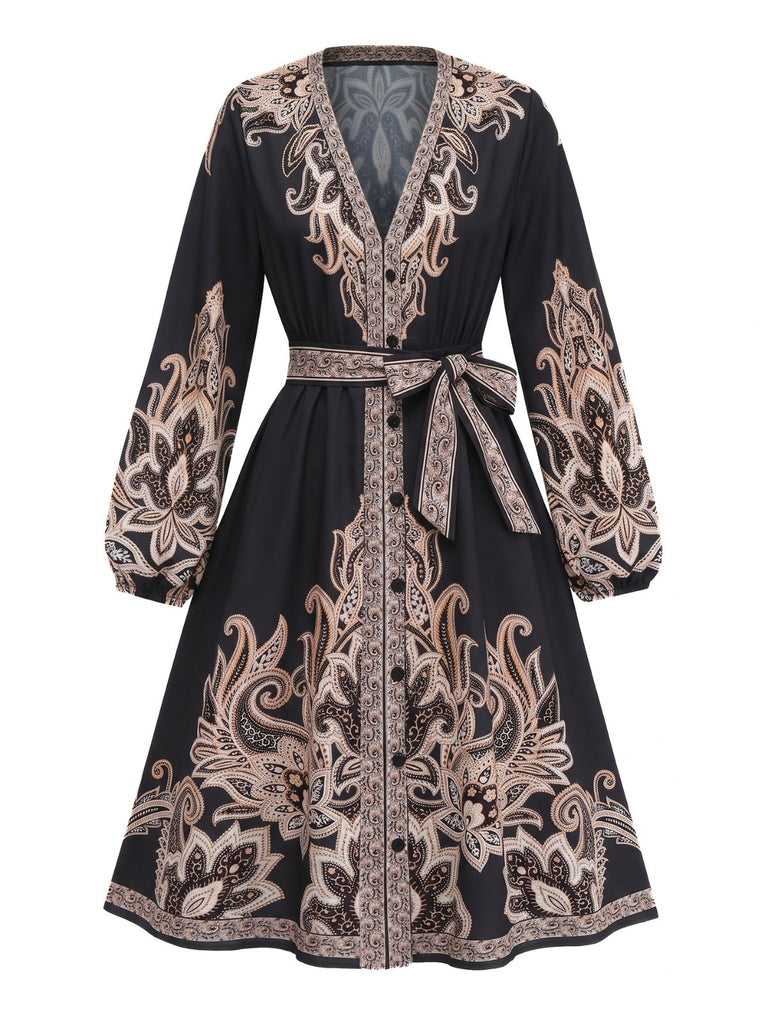 Robe Boho à Imprimé Paisley Col V et Manches Lanternes Années 1970