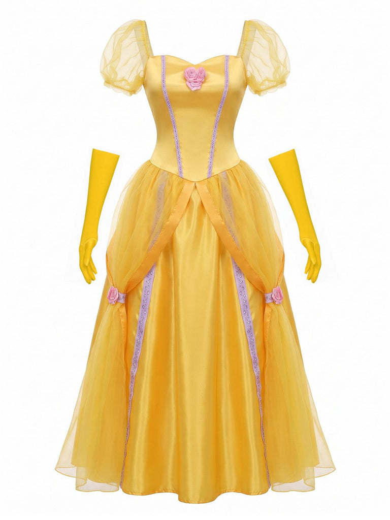 Robe Jaune Princess Rose Nœud Manches Bouffantes Ensemble Années 1970