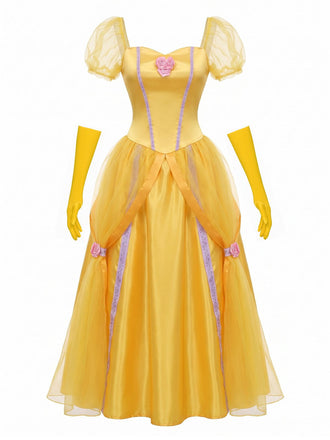 Robe Jaune Princess Rose Nœud Manches Bouffantes Ensemble Années 1970