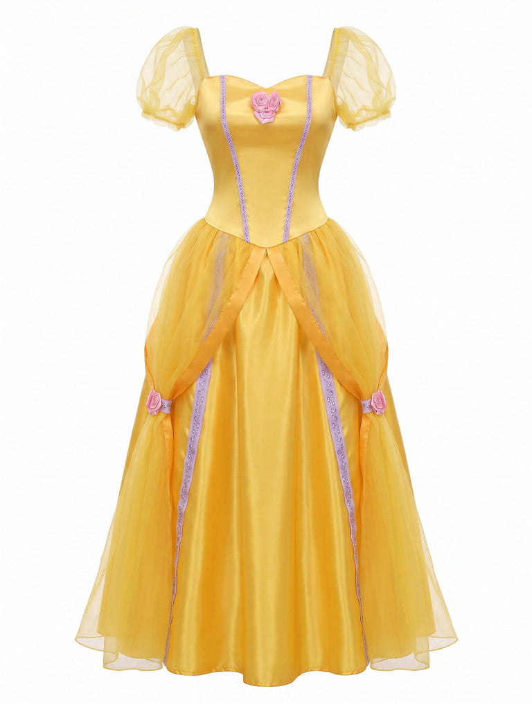 Robe Jaune Princess Rose Nœud Manches Bouffantes Ensemble Années 1970
