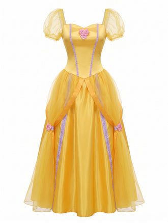 Robe Jaune Princess Rose Nœud Manches Bouffantes Ensemble Années 1970