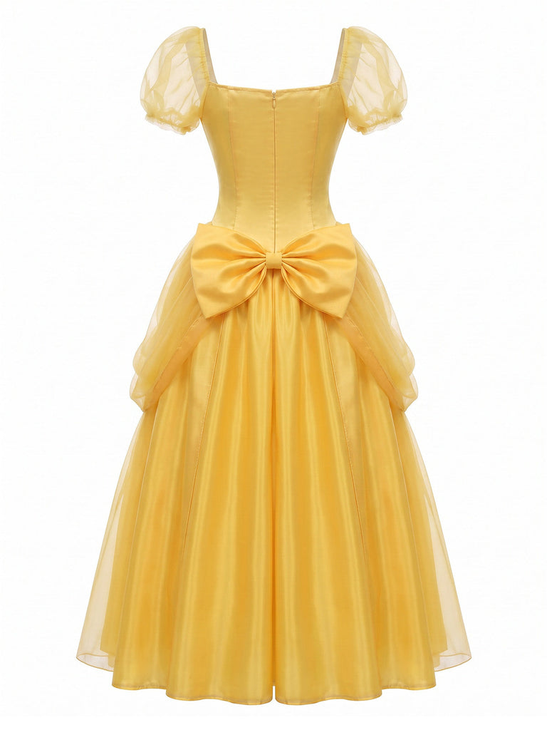 Robe Jaune Princess Rose Nœud Manches Bouffantes Ensemble Années 1970