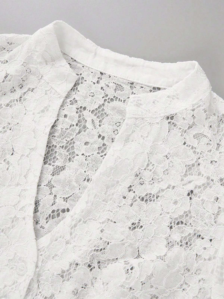 Top Court en Dentelle Florale Transparente Blanc Années 1950