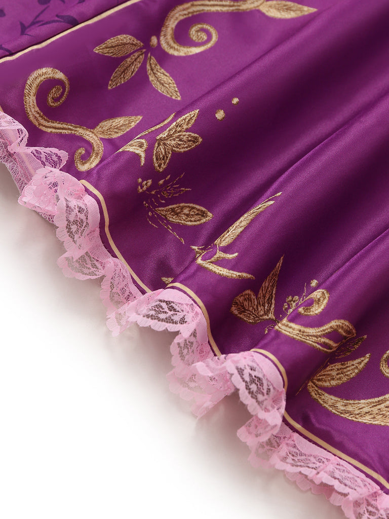 Robe costume féerique rose-violet à laçage et manches bouffantes Années 1950