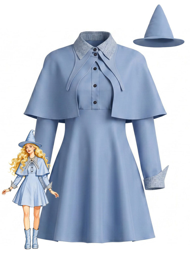 Ensemble de costume de sorcière bleu avec robe, cape et chapeau années 1950