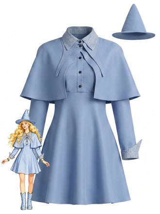 Ensemble de costume de sorcière bleu avec robe, cape et chapeau années 1950