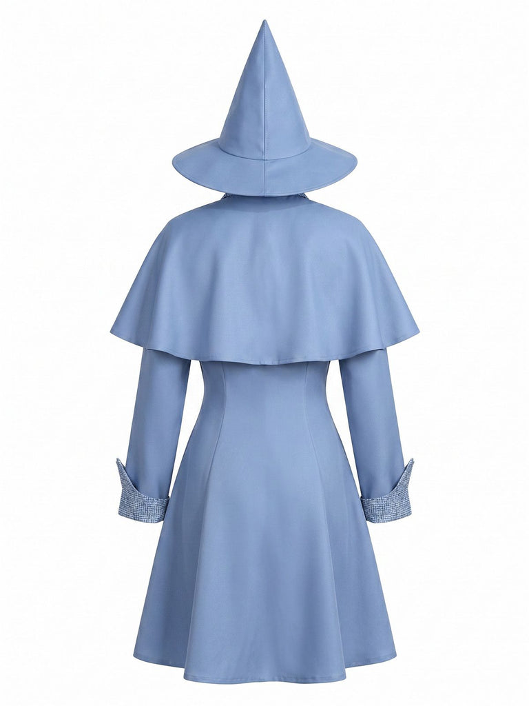 Ensemble de costume de sorcière bleu avec robe, cape et chapeau années 1950