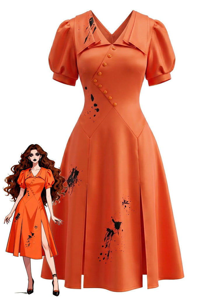 Halloween Orange Taches de Sang Robe Vintage Années 1950